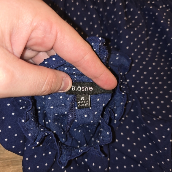Blashe Navy Blue Polka Dot Women's Top Size Small Cinchable Waist - Picture 5 of 5